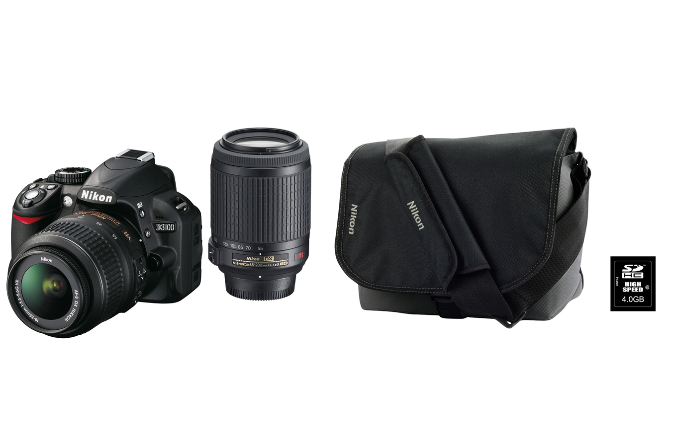 Reflex Nikon D3100 + 18 55VR + 55 200VR + HOUSSE + SD 4Go D3100