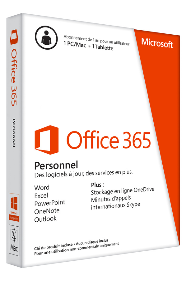 Logiciel Microsoft Office 365 Personnel 1 PC/Mac/tablette/smartphone