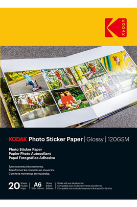 Papier photo instantané Kodak - 20 feuilles de papier photo adhesif, Format  A6 (10x15cm), Impression Jet d'encre - 9891059