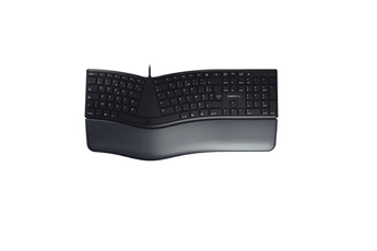 Clavier USB avec forme ergonomique pour une posture confortable devant l'ordinateur / Bloc de touches incurvé adapté à la position naturelle des mains et des doigts pour une frappe sans fatigue / Repose-poignets souple en cuir PU de haute qualité rembourré de mousse à mémoire de forme / Inclinaison du clavier réglable grâce à des pieds stables et rabattables sur la face inférieure