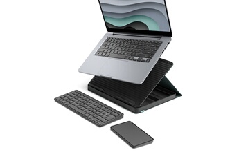 Confort ergonomique Support d'ordinateur portable pour une meilleure posture. / Compact et portable Clavier, pavé tactile et support, facile à ranger / Polyvalence Fonctionne sur toutes les surfaces et avec la plupart des ordinateurs portables (10-17 pouces). / Durabilité Fabriqué avec des plastiques recyclés et un emballage certifié FSC