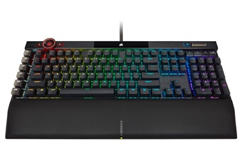 CORSAIR OPX, optiques-mécaniques, retour de frappe à 45 g, distance d'actionnement à 1,0 mm / Éclairage individuel et programmable par touche / Repose-poignet magnétique amovible en cuir synthétique / Touches multimédias dédiées et molette de contrôle du volume