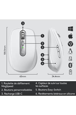 Souris Logitech Souris sans fil MX Anywhere 2S édition Bluetooth multi-surfaces défilement ultra-rapide