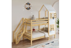 Lit superposé Xiaogazi Lit superposé avec escalier espace de rangement, lit  cabane avec toboggan, lit enfant avec protection antichute, cadre en bois,  naturel + blanc
