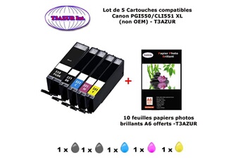 T3azur Cartouche d'encre 5 cartouches compatibles canon pgi550 cli551 xl pour ip7200 ip7250 ix6850 mg5450 mg5450s mg5500-10f a6 brillantes -t3azur