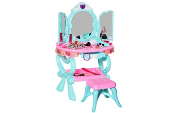 Jeu de coiffure HOMCOM Coiffeuse enfant table de maquillage avec tabouret et accessoires fonctions lumineuses et sonores rose turquoise