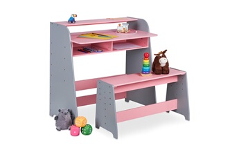 Table et chaise enfant Relaxdays Bureau enfant avec banc, 2 compartiments, hauteur table réglable, hxlxp: 88 x 90 x 48 cm, rose-gris