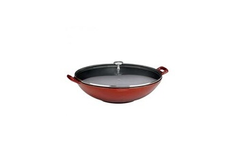 grand wok en fonte émaillé rouge avec couvercle en verre