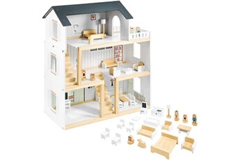 maison de poupées en bois avec grande terrasse 4 figurines, 3 etages, 2 chambres, cuisine, salon & 19 pièces mobiles (ce)