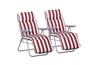 chaise longue - transat outsunny lot de 2 chaises longues bains de soleil ajustables pliables transat lit de jardin en acier rouge + blanc