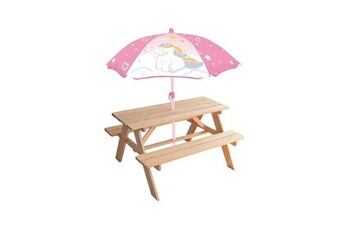 table en bois pour pique-nique avec parasol licorne