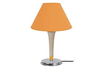 66491 lampe de chevet conique métal et bois naturel, aluminuim et orange l 22 p 22 h 34 cm ampoule e14