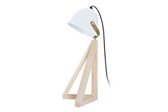 90419 lampe de bureau dôme bois naturel et blanc l 20 p 17,5 h 47 cm ampoule e14