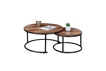 set de 2 tables basses rondes gigognes en bois et métal noir