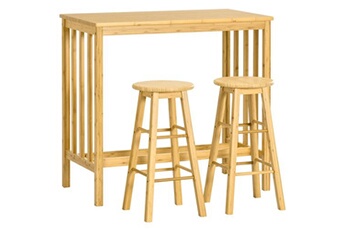 ensemble table de bar 2 tabourets avec repose-pieds bois de bambou verni