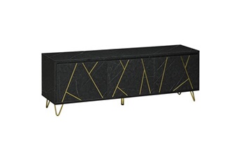 meuble tv banc tv style art déco - 3 portes, 2 étagères - piètement épingle métal doré mdf aspect marbre noir rainures dorées