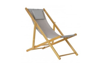 chaise longue pliante chilienne en bois et tissu gris - 57.5x113x77cm