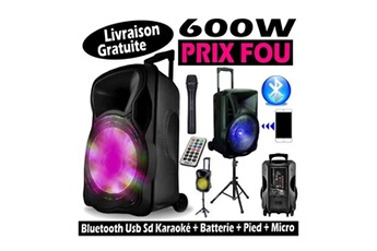15-6121BO Enceinte Sono portable - 600W - Bluetooth - Karaoké - pied + micro sans fil inclus - USB -SD