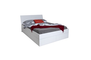 lit double 160x200cm avec rangement et tiroirs en blanc laqué teide