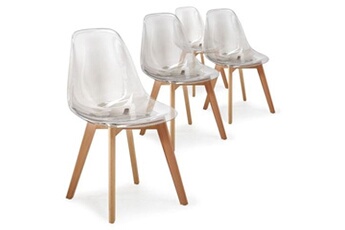 Lot de 4 chaises scandinaves - Lagertha - pieds bois. fauteuils 1 place.  coussin blanc. coque transparente
