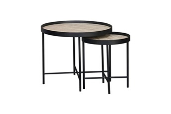 set de 2 tables gigognes rondes pratiques en mdf effet bois de chêne avec pieds noirs