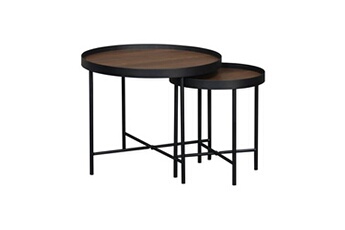 set de 2 tables gigognes rondes pratiques en mdf effet bois de noyer avec pieds noirs