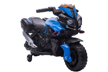 Moto électrique enfant 6 V 3 Km/h effet lumineux et sonore roulettes amovibles repose-pied valises latérales métal PP bleu noir