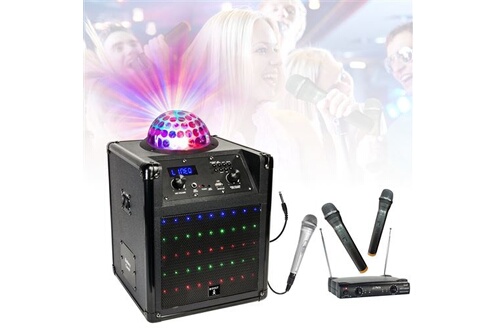 Enceintes, baffle et amplis DJ Party Light & Sound Pack Enceinte Karaoke  sur batterie Bluetooth USB SD BOOST-KUBELED-BK - 2 Micros sans fil - 1 Micro  Filaire - Télécommande - Enfant