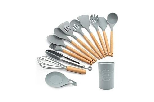 Lot de 13 ustensiles de cuisine en silicone avec poignées en bois et  ustensiles de cuisine anti-adhésifs, spatules en silicone gris