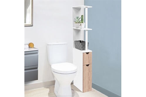 Étagère de salle de bain ProBache Meuble WC étagère bois WILLY 2 portes  blanc et hêtre