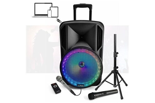 Enceintes, baffle et amplis DJ Party Light & Sound Pack Karaoké - Enceinte  Bluetooth nomade sur batterie PARTY-12RGB Tuner USB - 2 Micros - Pied  Support Ibiza - Soirée Anniversaire Animation