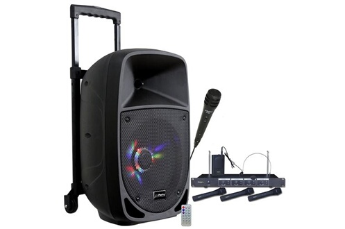 Enceinte Sono DJ Party Light & Sound Pack Karaoke Enceinte Party-8LED  300W Lumineuse Mobile autonome Bluetooth USB Tuner- Chariot - 5 Micros dont  4 Micros sans fil