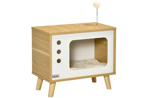 Maison pour chat design poste de télévision - niche chat panier chat - 2  coussins amovibles, boule à ressort - panneaux aspect bois clair blanc