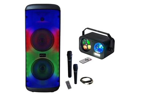 Enceinte sans fil Mooving Light & Sound Pack Karaoké - Enceinte nomade  sur batterie USB Bluetooth 600W Mooving ELECTRO-SOUND600 - 2 Micros - Jeu  de Lumière 3en1 Astro Gobo Strobo