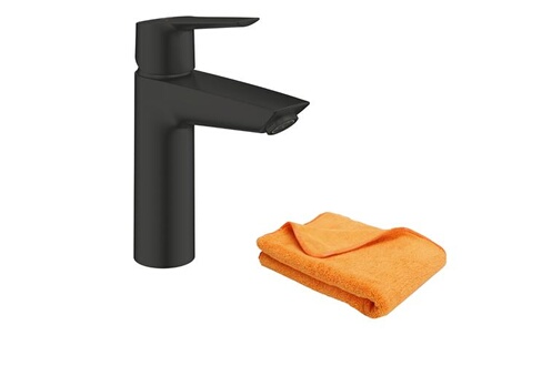 Robinet de salle de bain Grohe Mitigeur lavabo Start ouverture eau froide  noir M + microfibre