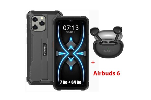 Smartphone Blackview Téléphone Portable Incassable 4G BV5300 6.1 7Go+32Go  13MP 6580mAh Noir avec Écouteurs Bluetooth Blackview Airbuds6(Blanc)