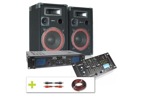 Skytec Ensemble Complet Disco DJ - Enceinte 700W, Lumières, Amplificateur,  Machine à Fumée et Table de Mixage