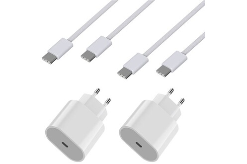 Lot 2 Chargeurs Rapide 20W + 2 Cables USB-C USB-C 2 mètres pour iPhone 15 /  15 PLUS / 15 PRO / 15 PRO MAX®