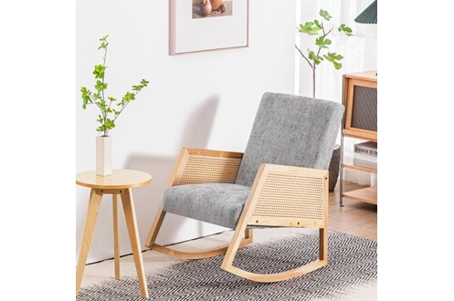 Chaise à bascule en tissu de couleur et piétements en bois massif