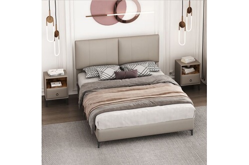 Chambre complète adulte Xiaogazi Ensemble de chambre à coucher complète,  lit double rembourré design moderne + 2 table de chevet, PU, ​​​​gris clair  (140x200cm)