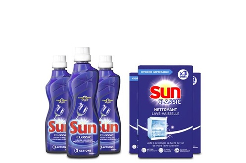 Produits entretien Lave Vaisselle Sun - Kit Entretien Lave Vaisselle : 9  doses Nettoyant Lave-Vaisselle Classic (3 x 3doses) et 3 Liquides de  Rinçage 500ml