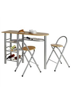 ensemble style avec table haute de bar mange-debout comptoir et 2 chaises/tabourets, en mdf couleur hêtre et structure en métal