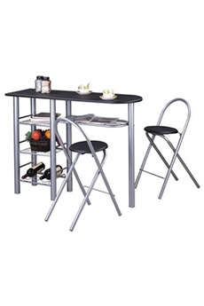 ensemble style avec table haute de bar mange-debout comptoir et 2 chaises/tabourets, en mdf noir mat et structure en métal