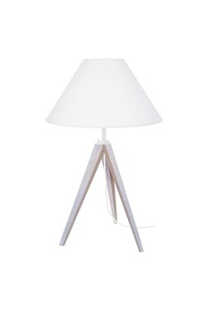 idun lampe a poser trépied en bois naturel avec abat-jour conique en coton blanc e27 30x56 cm
