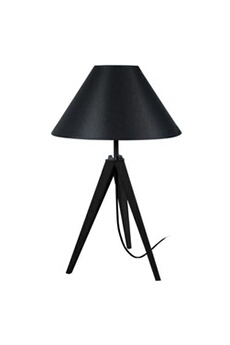 idun lampe a poser trépied en bois noir avec abat-jour conique en coton noir e27 30x56 cm