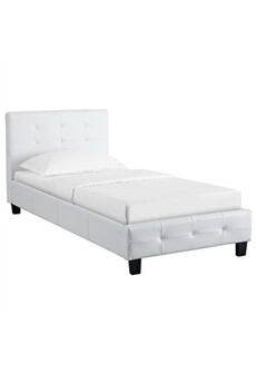 lit simple pour adulte ou enfant reve avec sommier 90x190 cm 1 place/1 personne, tête et pied de lit capitonnés en synthétique blanc