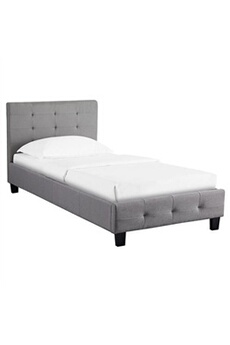 lit simple pour adulte ou enfant reve avec sommier 90x190 cm 1 place/1 personne, tête et pied de lit capitonnés, en tissu gris
