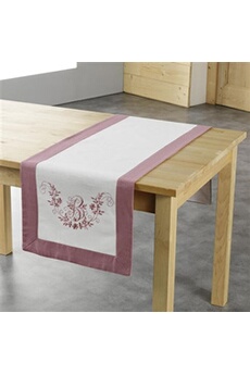 chemin de table 40 x 140 cm polyester brode bonheur rose/blanc