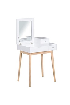 Coiffeuse design scandinave table de maquillage multi-rangements miroir pliable 60L x 50l x 86H cm pin et MDF blanc