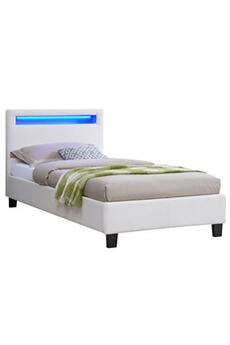 lit led simple 90x190 cm avec sommier, tête de lit confortable, lit 1 place revêtement synthétique blanc, luceno